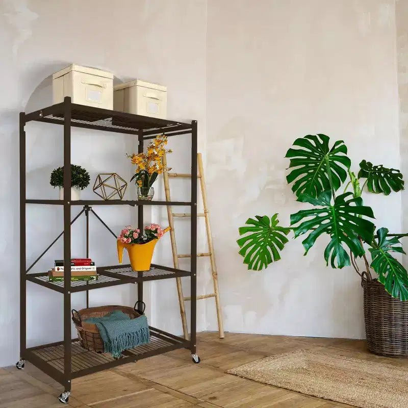 Étagère de rangement pliante multi-usage Origami à 4 niveaux avec roulettes, incluant 4 revêtements imperméables pour étagères métalliques, gris