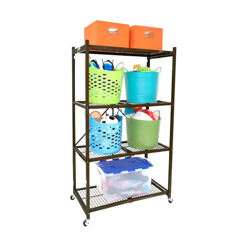 Étagère de rangement pliante multi-usage Origami à 4 niveaux avec roulettes, incluant 4 revêtements imperméables pour étagères métalliques, gris