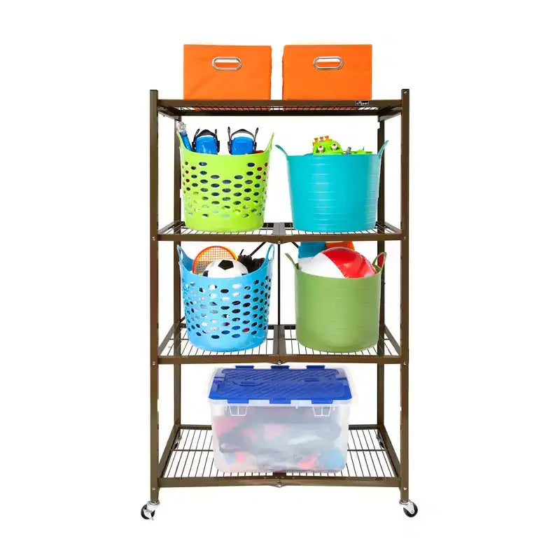 Étagère de rangement pliante multi-usage Origami à 4 niveaux avec roulettes, incluant 4 revêtements imperméables pour étagères métalliques, gris