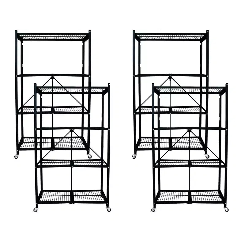 Étagère de rangement pliante multi-usage Origami à 4 niveaux avec roulettes, incluant 4 revêtements imperméables pour étagères métalliques, gris
