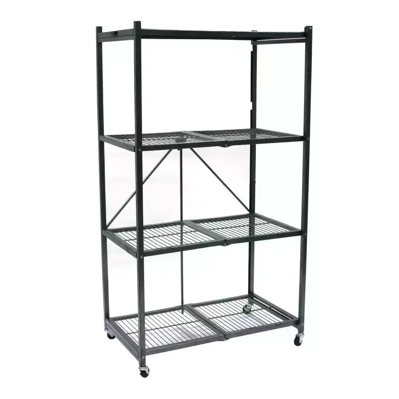 Étagère de rangement pliante multi-usage Origami à 4 niveaux avec roulettes, incluant 4 revêtements imperméables pour étagères métalliques, gris