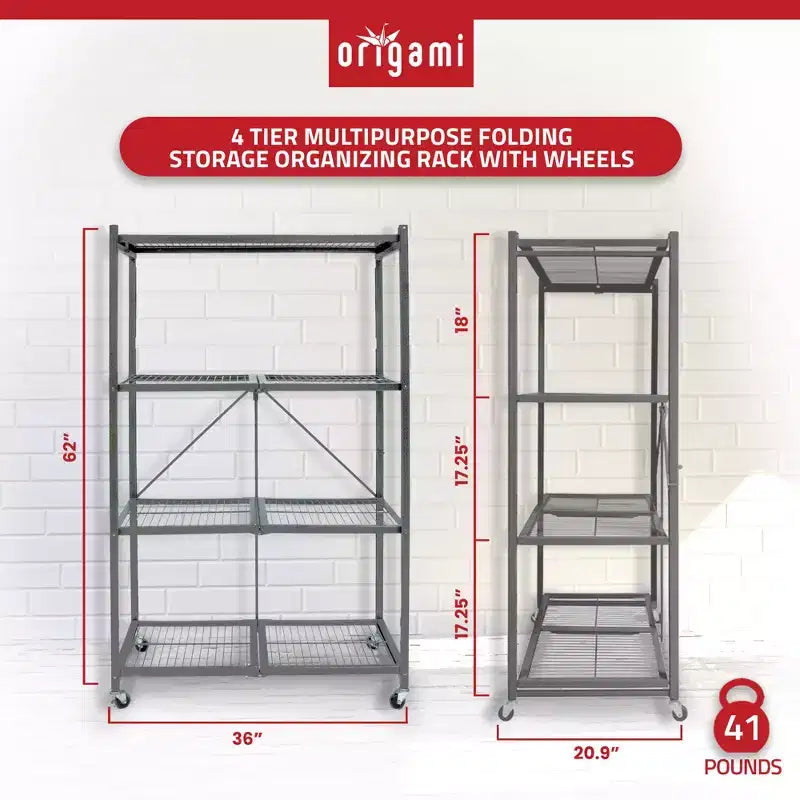 Étagère de rangement pliante multi-usage Origami à 4 niveaux avec roulettes, incluant 4 revêtements imperméables pour étagères métalliques, gris
