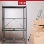 Étagère de rangement pliante multi-usage Origami à 4 niveaux avec roulettes, incluant 4 revêtements imperméables pour étagères métalliques, gris