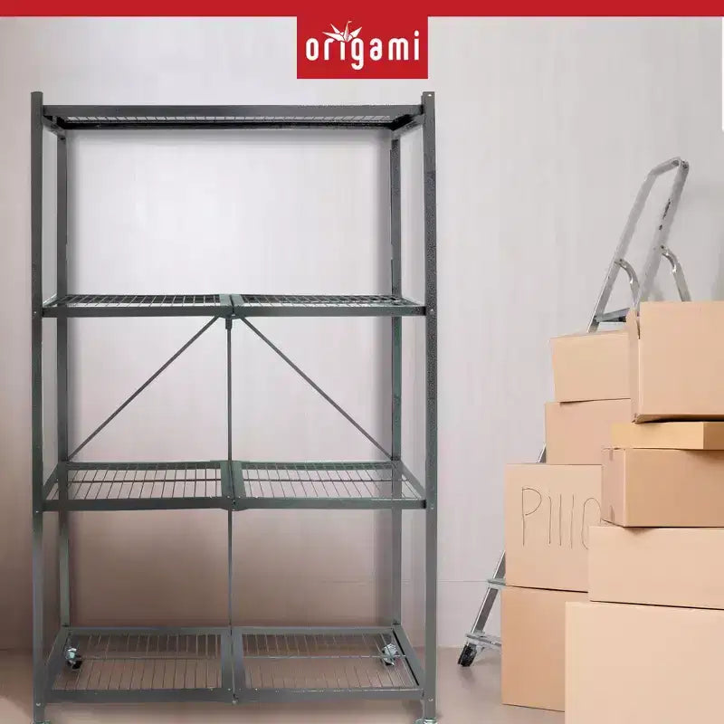 Étagère de rangement pliante multi-usage Origami à 4 niveaux avec roulettes, incluant 4 revêtements imperméables pour étagères métalliques, gris