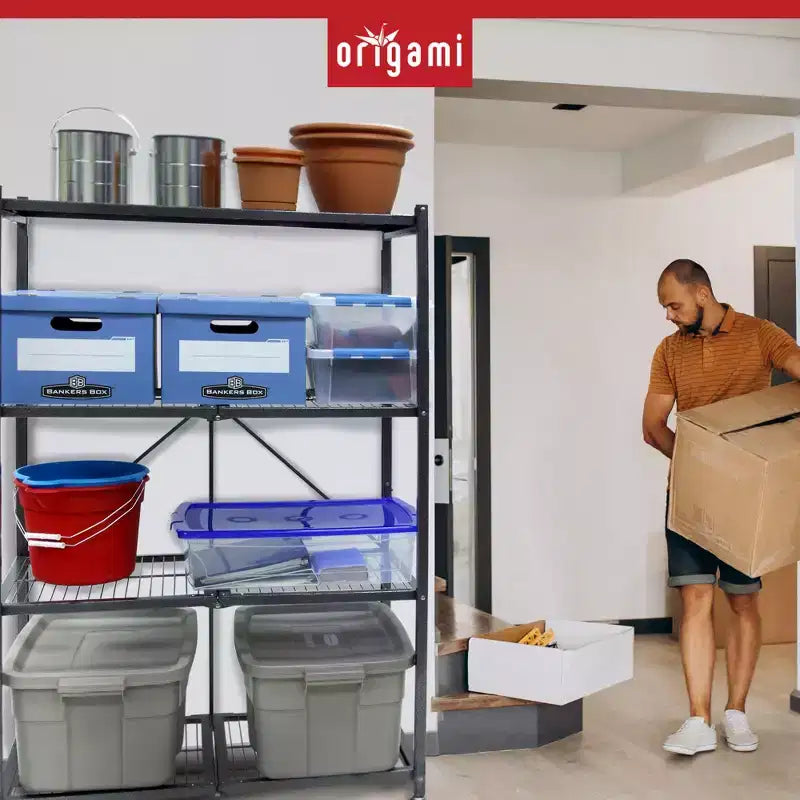 Étagère de rangement pliante multi-usage Origami à 4 niveaux avec roulettes, incluant 4 revêtements imperméables pour étagères métalliques, gris
