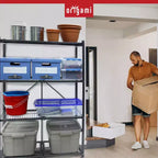Étagère de rangement pliante multi-usage Origami à 4 niveaux avec roulettes, incluant 4 revêtements imperméables pour étagères métalliques, gris