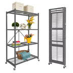 Étagère de rangement pliante multi-usage Origami à 4 niveaux avec roulettes, incluant 4 revêtements imperméables pour étagères métalliques, gris
