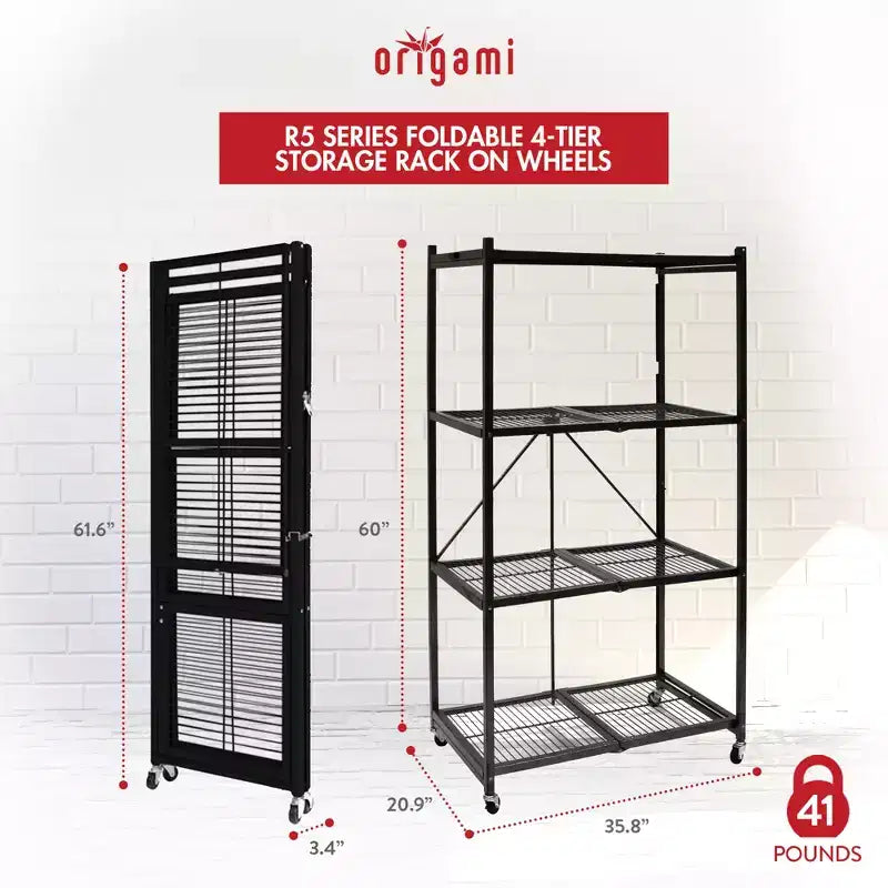 Étagère de rangement pliante multi-usage Origami à 4 niveaux avec roulettes, incluant 4 revêtements imperméables pour étagères métalliques, gris