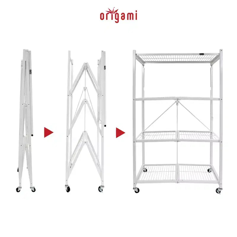 Étagère de rangement pliante multi-usage Origami à 4 niveaux avec roulettes, incluant 4 revêtements imperméables pour étagères métalliques, gris