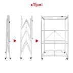 Étagère de rangement pliante multi-usage Origami à 4 niveaux avec roulettes, incluant 4 revêtements imperméables pour étagères métalliques, gris