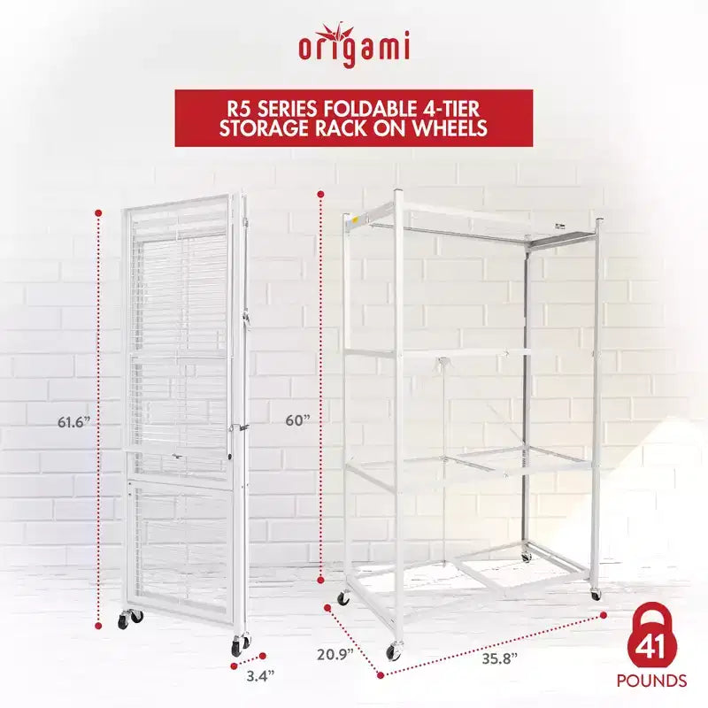 Étagère de rangement pliante multi-usage Origami à 4 niveaux avec roulettes, incluant 4 revêtements imperméables pour étagères métalliques, gris