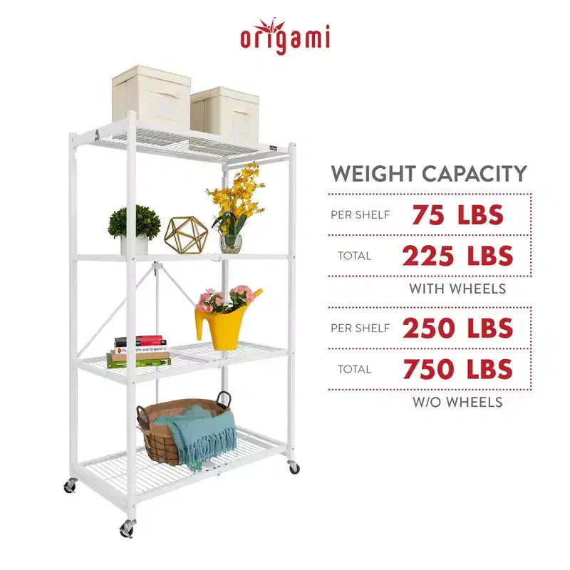 Étagère de rangement pliante multi-usage Origami à 4 niveaux avec roulettes, incluant 4 revêtements imperméables pour étagères métalliques, gris