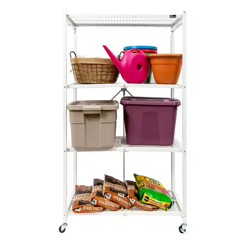 Étagère de rangement pliante multi-usage Origami à 4 niveaux avec roulettes, incluant 4 revêtements imperméables pour étagères métalliques, gris