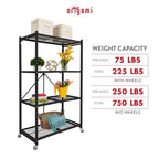 Étagère de rangement pliante multi-usage Origami à 4 niveaux avec roulettes, incluant 4 revêtements imperméables pour étagères métalliques, gris