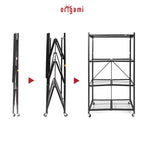 Étagère de rangement pliante multi-usage Origami à 4 niveaux avec roulettes, incluant 4 revêtements imperméables pour étagères métalliques, gris