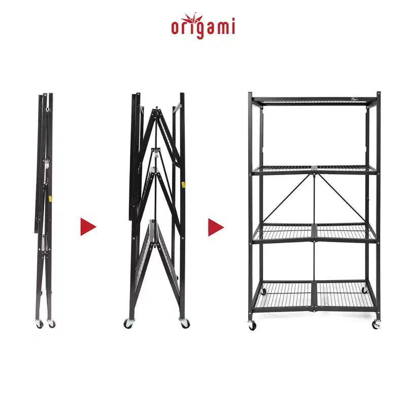Étagère de rangement pliante multi-usage Origami à 4 niveaux avec roulettes, incluant 4 revêtements imperméables pour étagères métalliques, gris