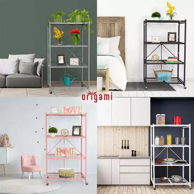 Étagère de rangement pliante multi-usage Origami à 4 niveaux avec roulettes, incluant 4 revêtements imperméables pour étagères métalliques, gris