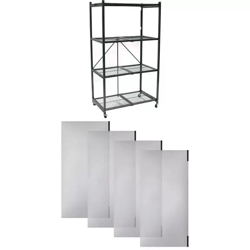 Étagère de rangement pliante multi-usage Origami à 4 niveaux avec roulettes, incluant 4 revêtements imperméables pour étagères métalliques, gris