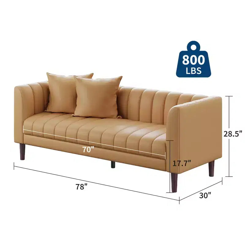 Canapé 3 places en similicuir pour salon, 78" de large, moderne, avec sièges profonds, 2 coussins décoratifs et pieds en bois, pour chambre et appartement