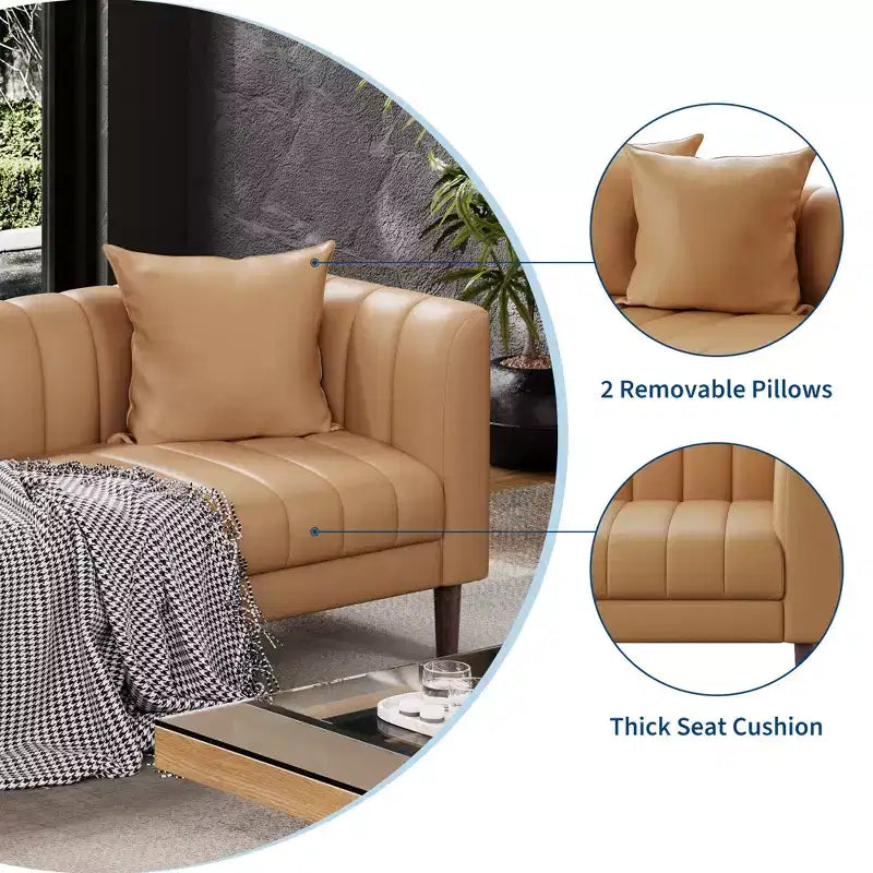 Canapé 3 places en similicuir pour salon, 78" de large, moderne, avec sièges profonds, 2 coussins décoratifs et pieds en bois, pour chambre et appartement