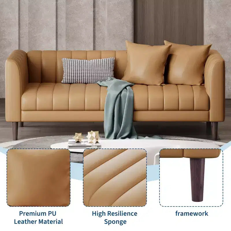 Canapé 3 places en similicuir pour salon, 78" de large, moderne, avec sièges profonds, 2 coussins décoratifs et pieds en bois, pour chambre et appartement