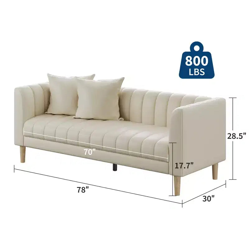 Canapé 3 places en similicuir pour salon, 78" de large, moderne, avec sièges profonds, 2 coussins décoratifs et pieds en bois, pour chambre et appartement