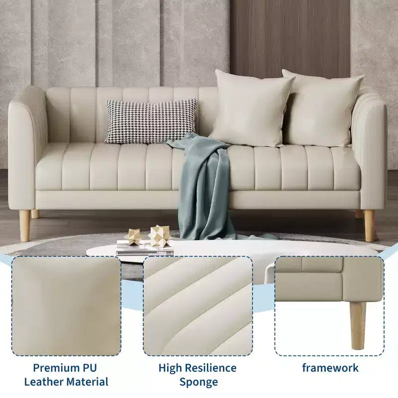 Canapé 3 places en similicuir pour salon, 78" de large, moderne, avec sièges profonds, 2 coussins décoratifs et pieds en bois, pour chambre et appartement