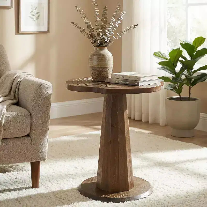 Lantine 20.87-Inch Solid Wood Round End Table with Tree-Ring Patterns, Conical Base Side Table for Living Room, Bedroom, Small Spaces