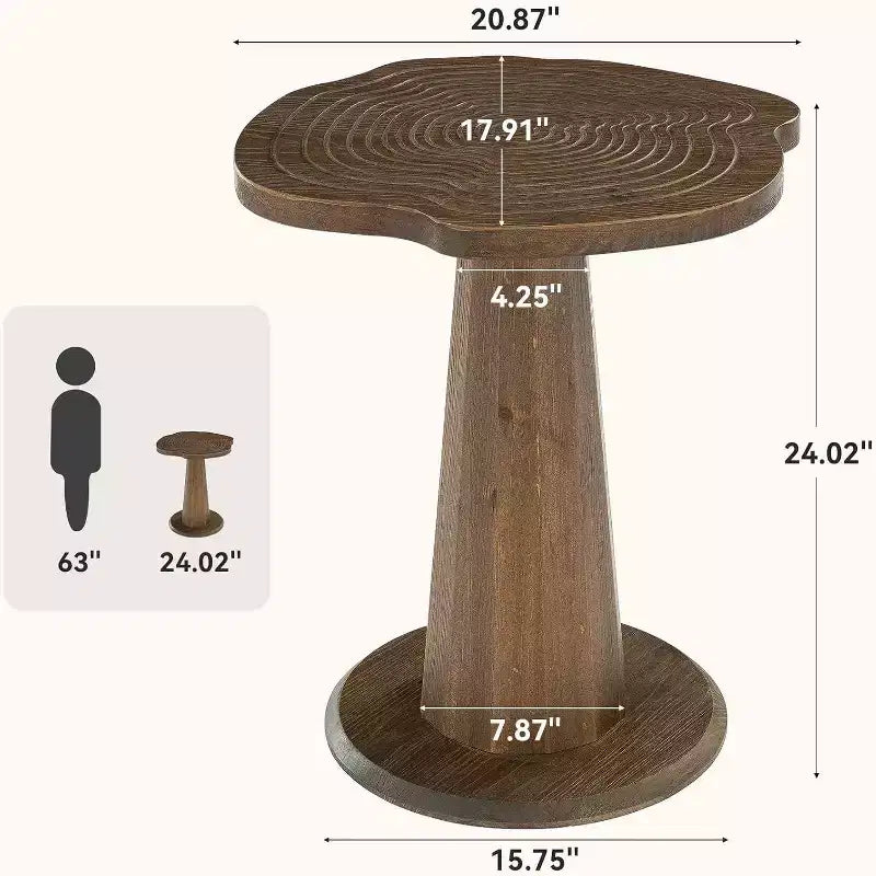 Table d'appoint ronde Lantine de 53 cm en bois massif avec motifs de cernes, base conique, pour salon, chambre, petits espaces