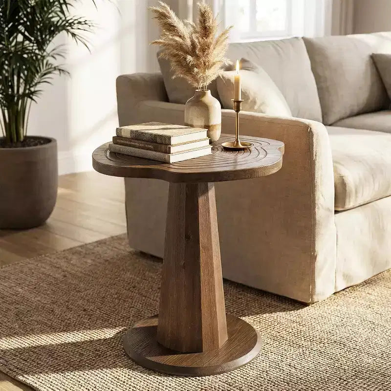 Table d'appoint ronde Lantine de 53 cm en bois massif avec motifs de cernes, base conique, pour salon, chambre, petits espaces