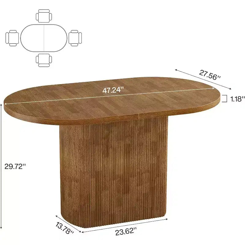 Lantine 47.24 Inch Oval Dining Table, Rustic Wooden with Wooden Base, Seats 4, for Dining Room, Kitchen, Living Room, Brown