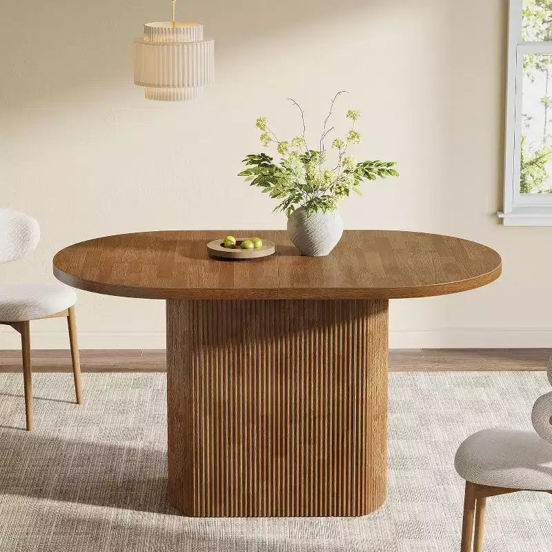 Lantine 47.24 Inch Oval Dining Table, Rustic Wooden with Wooden Base, Seats 4, for Dining Room, Kitchen, Living Room, Brown