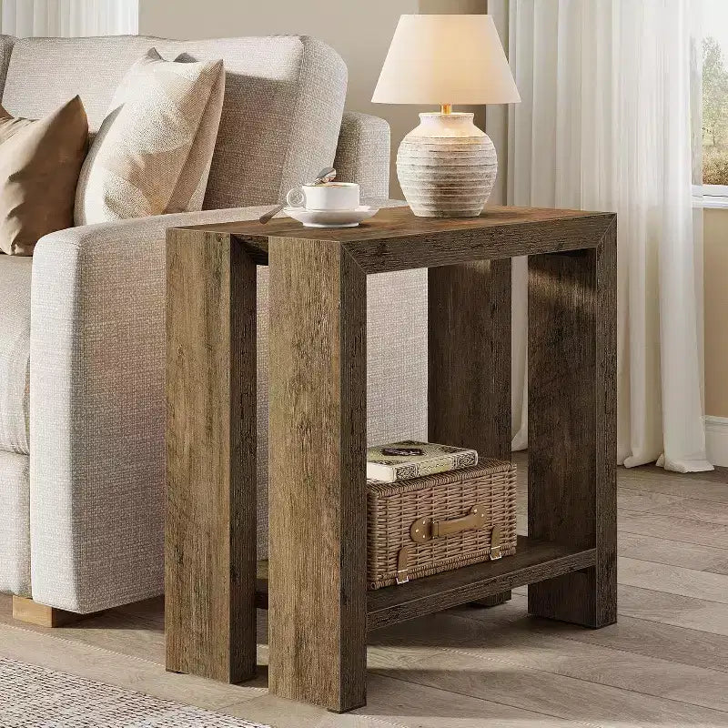 Lantine 2-Tier Narrow Side Table, Farmhouse Wooden Sofa End Table with Bottom Shelf for Living Room, Bedroom, Small Space, Easy Assembly