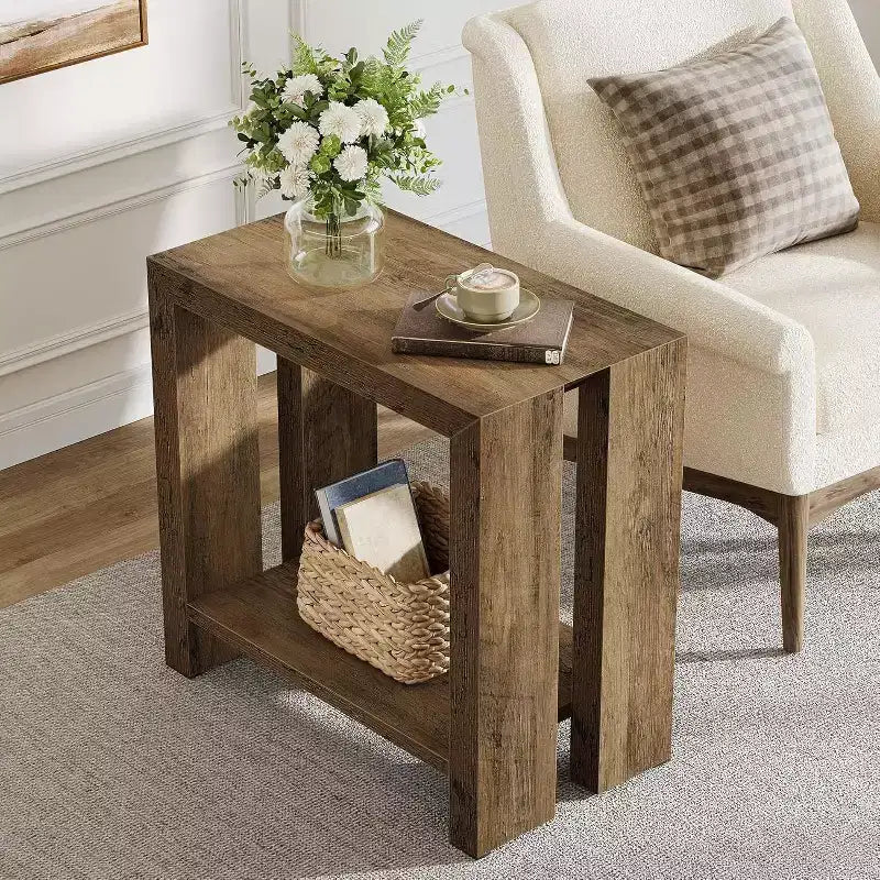 Table d'appoint étroite Lantine à 2 niveaux, table d'appoint de canapé en bois de style ferme avec étagère inférieure pour salon, chambre à coucher, petits espaces, assemblage facile