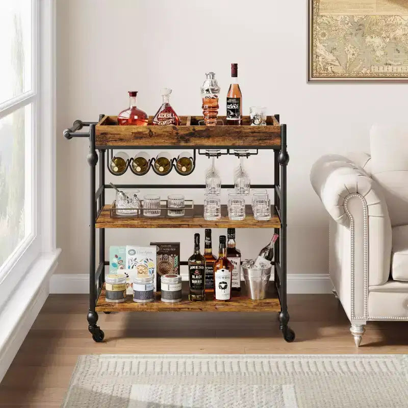 3-Tier Metal Bar Cart with Wheels, Wine Rack & Removable Tray, Rolling Serving Cart for Dining Room & Kitchen