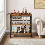 3-Tier Metal Bar Cart with Wheels, Wine Rack & Removable Tray, Rolling Serving Cart for Dining Room & Kitchen