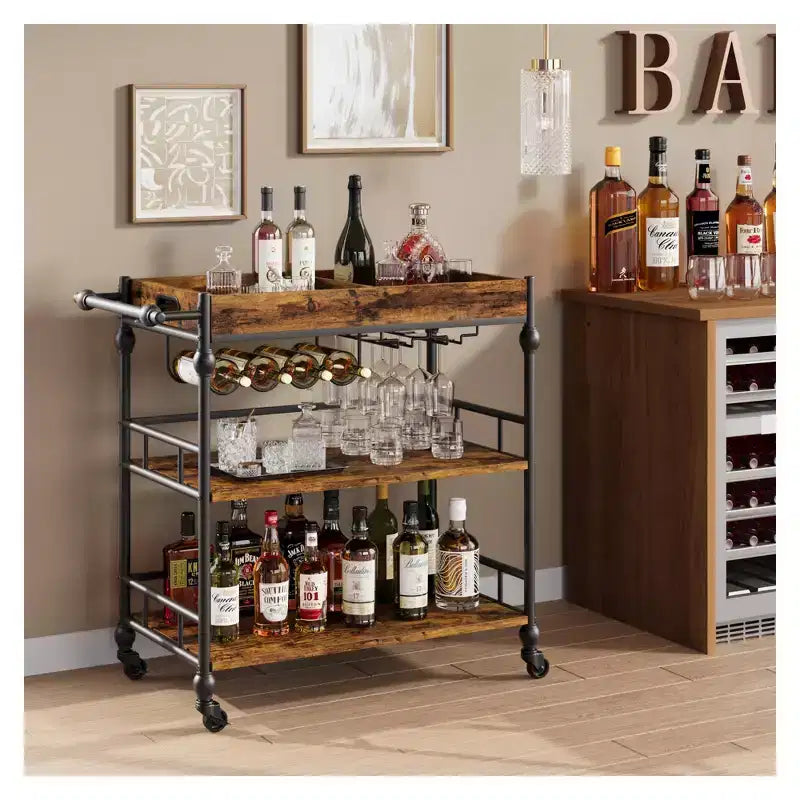 Chariot de bar 3 niveaux en métal avec roulettes, casier à vin et plateau amovible, desserte roulante pour salle à manger et cuisine