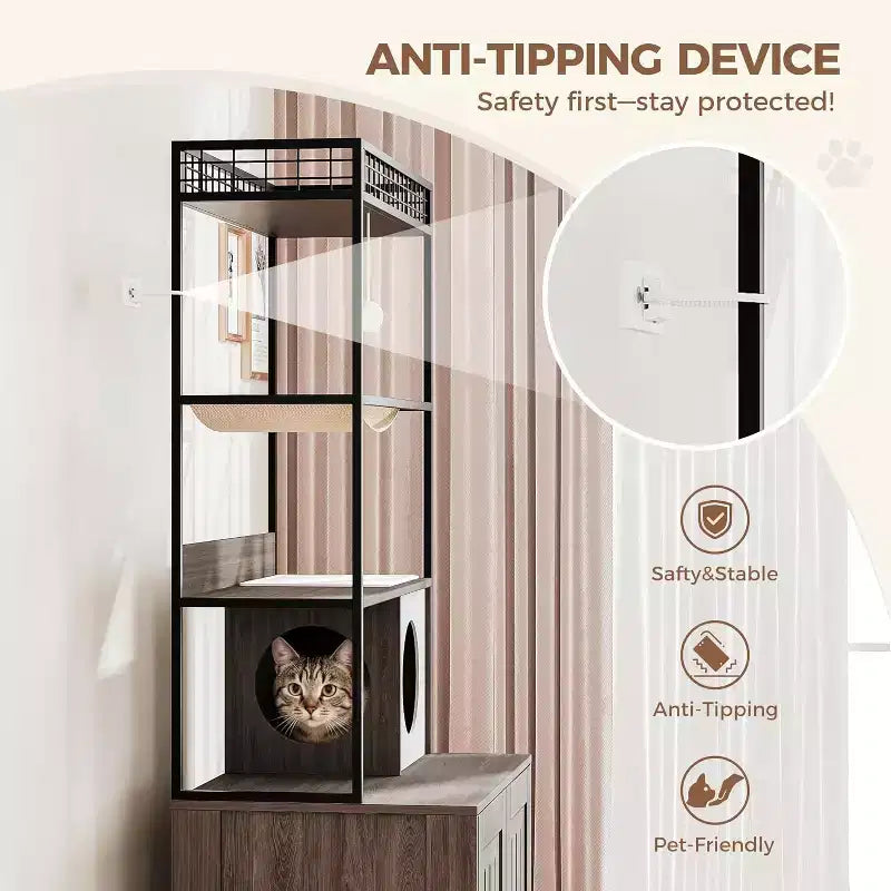 Multifunctional Cat Litter Box Enclosure Furniture with Cat Bed, Hammock, Scratching Mat & Sisal Ball, Hidden Litter Box Cabinet for Large Cats