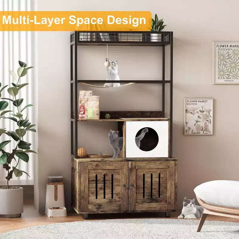 Multifunctional Cat Litter Box Enclosure Furniture with Cat Bed, Hammock, Scratching Mat & Sisal Ball, Hidden Litter Box Cabinet for Large Cats