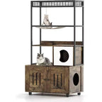 Multifunctional Cat Litter Box Enclosure Furniture with Cat Bed, Hammock, Scratching Mat & Sisal Ball, Hidden Litter Box Cabinet for Large Cats