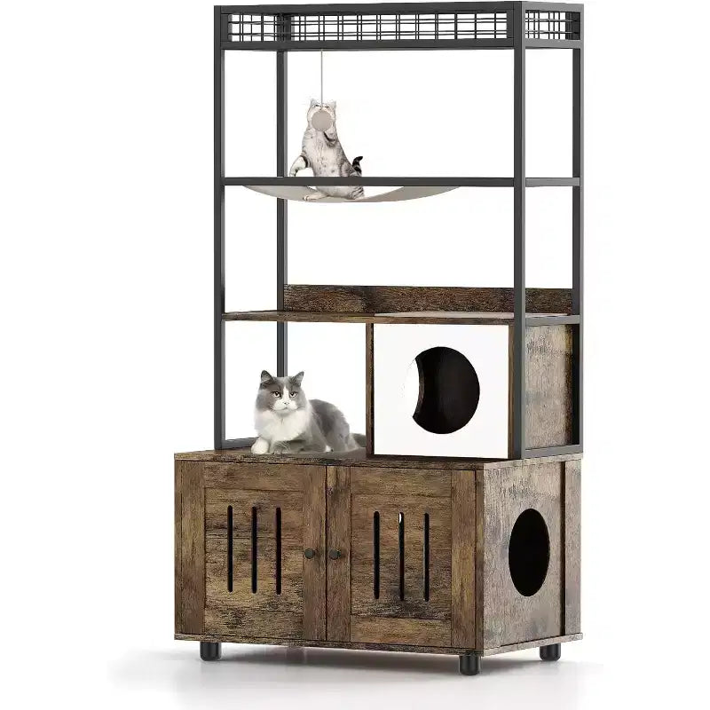 Multifunctional Cat Litter Box Enclosure Furniture with Cat Bed, Hammock, Scratching Mat & Sisal Ball, Hidden Litter Box Cabinet for Large Cats