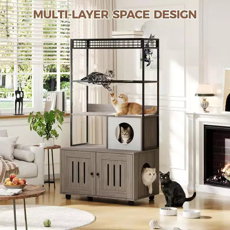 Multifunctional Cat Litter Box Enclosure Furniture with Cat Bed, Hammock, Scratching Mat & Sisal Ball, Hidden Litter Box Cabinet for Large Cats