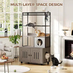 Multifunctional Cat Litter Box Enclosure Furniture with Cat Bed, Hammock, Scratching Mat & Sisal Ball, Hidden Litter Box Cabinet for Large Cats