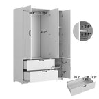 JVNOXK 4 Doors White Wardrobe Closet with Mirror, LED Lights, 2 Drawers, Hanging Rod & Adjustable Shelves, Wooden Bedroom Storage Cabinet