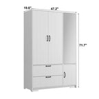 JVNOXK 4 Doors White Wardrobe Closet with Mirror, LED Lights, 2 Drawers, Hanging Rod & Adjustable Shelves, Wooden Bedroom Storage Cabinet