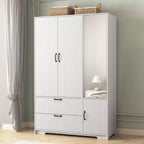 JVNOXK 4 Doors White Wardrobe Closet with Mirror, LED Lights, 2 Drawers, Hanging Rod & Adjustable Shelves, Wooden Bedroom Storage Cabinet