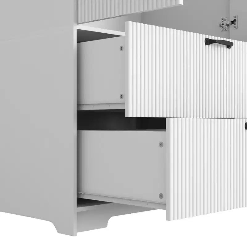 JVNOXK 4 Doors White Wardrobe Closet with Mirror, LED Lights, 2 Drawers, Hanging Rod & Adjustable Shelves, Wooden Bedroom Storage Cabinet