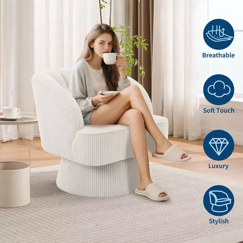 Fauteuil pivotant moderne à 360°, fauteuil de salon rond rotatif avec dossier rayé et rembourrage doux, fauteuil club confortable pour salon, chambre à coucher