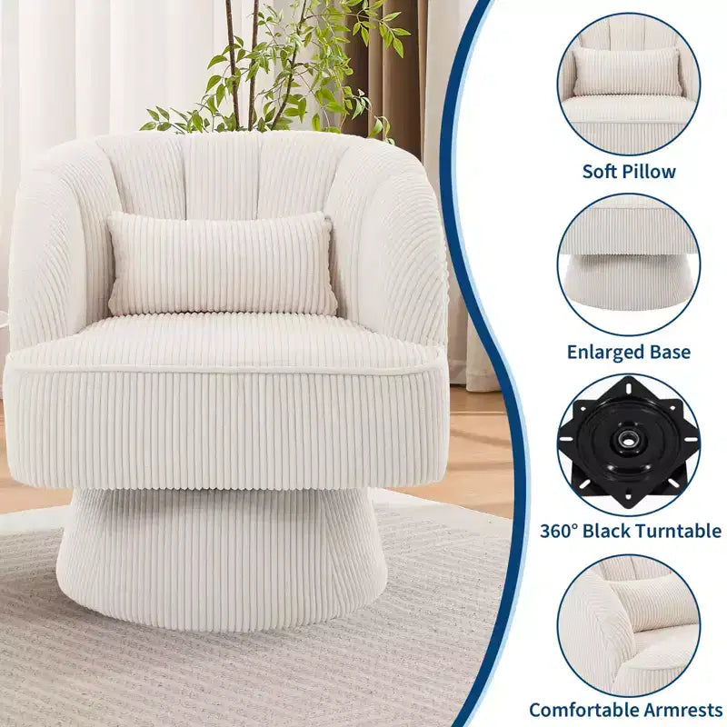 Fauteuil pivotant moderne à 360°, fauteuil de salon rond rotatif avec dossier rayé et rembourrage doux, fauteuil club confortable pour salon, chambre à coucher