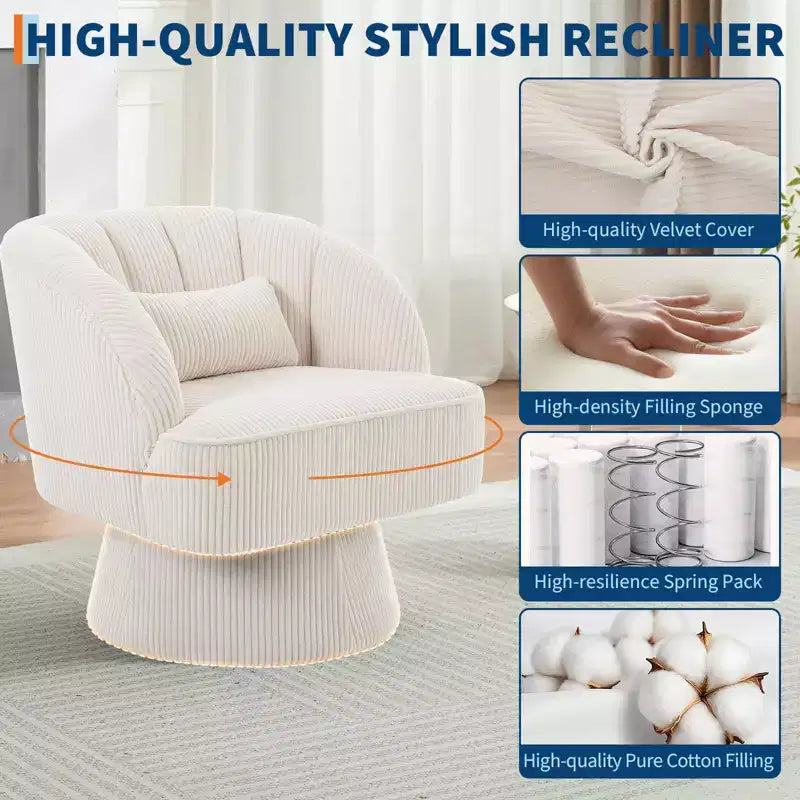 Fauteuil pivotant moderne à 360°, fauteuil de salon rond rotatif avec dossier rayé et rembourrage doux, fauteuil club confortable pour salon, chambre à coucher